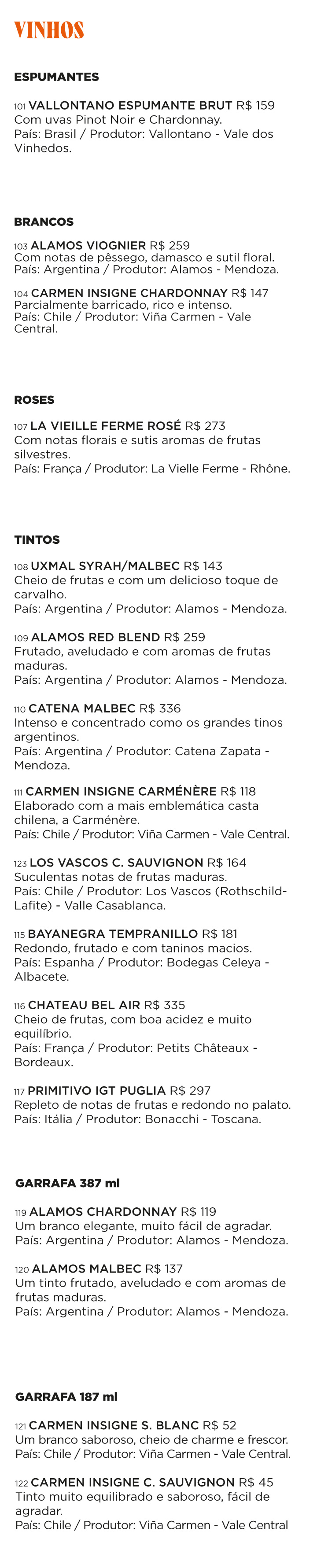 Cardápio Vinhos